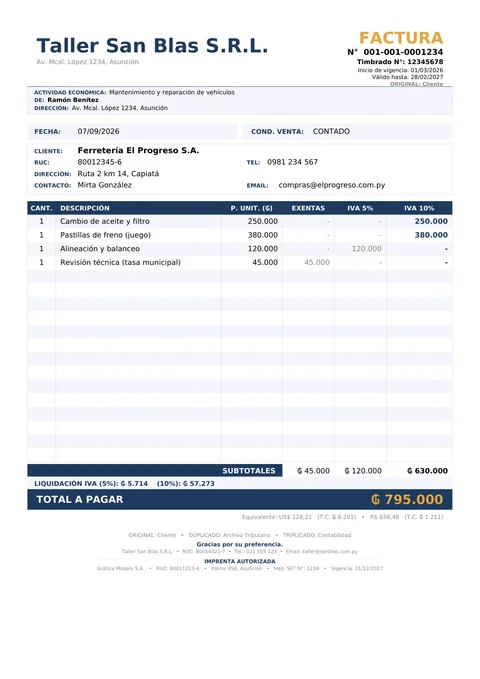Factura de ejemplo generada por Emite: timbrado con inicio y fin de vigencia, imprenta autorizada, datos del cliente con RUC, columnas de exentas, IVA 5 % e IVA 10 %, liquidación del IVA, total a pagar en guaraníes y su equivalente en dólares y reales