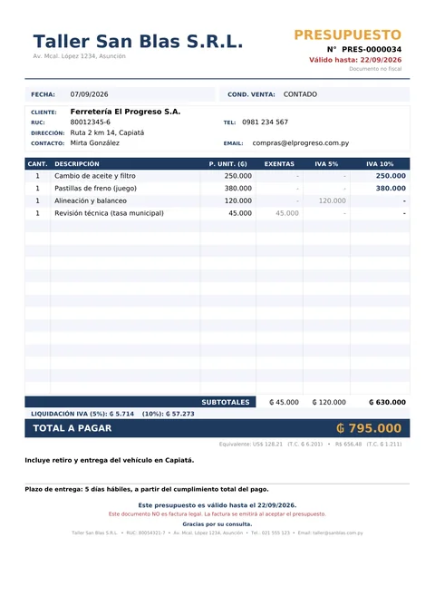 Presupuesto de ejemplo generado por Emite: número, fecha, válido hasta, datos del cliente, columnas de IVA, total, notas y plazo de entrega